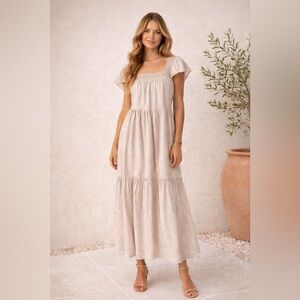 Lovestitch Burnout Floral Maxi Dress | Boho Tiered Cream Midi | Cottagecore